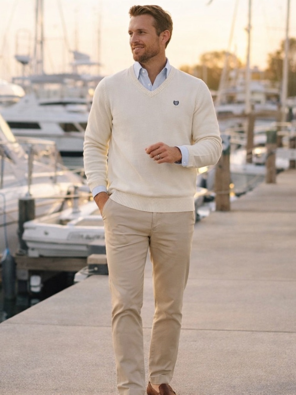 Chaps Men’s 100% Cotton Cream V-Neck Sweater Size M
